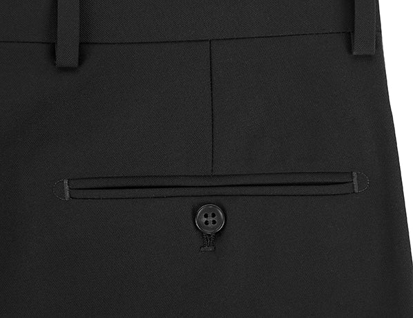 Close-up of a solid black pocket on Renoir Dress Pants Regular Leg Un-Hemmed Bottoms.