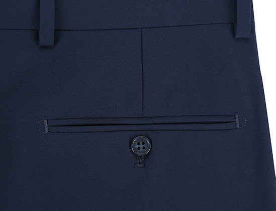 Renoir solid Navy Dress Pants, Regular Leg, Un-Hemmed Bottoms, showing waistband and front pockets.