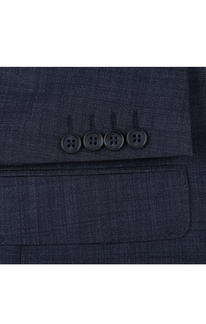 Close-up of solid Navy Wool Blend Regular Fit Suit jacket's 2 buttons and pocket on white background.