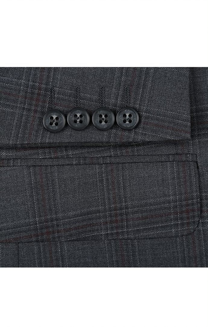 A solid 100% Wool Dress Suit Regular Fit 2 Piece 2 Button in Dark Gray jacket showing collar, buttons, and pockets.