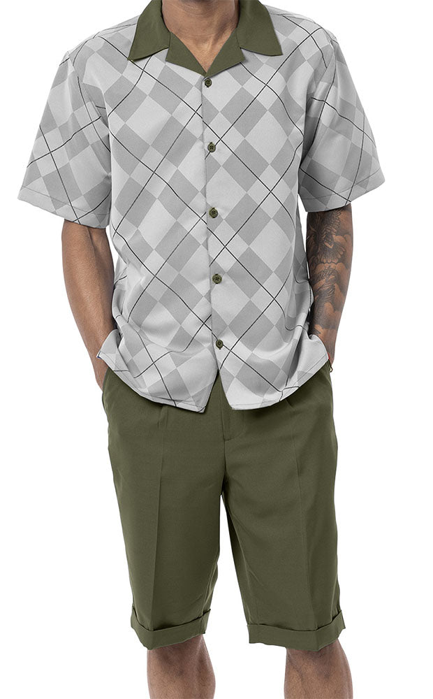 Olive 2 Piece Short Sleeve Walking Suit Argyle Pattern with Shorts