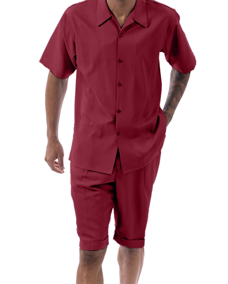 Burgundy Tone on Tone Vertical Stripes Walking Suit 2 Piece Short Sleeve Set with Shorts