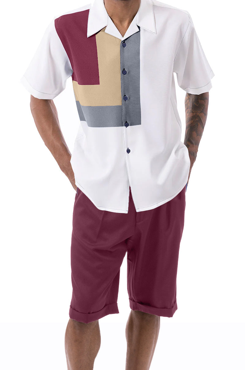 Burgundy Geometric Design Walking Suit 2 Piece Short Sleeve Set with Shorts