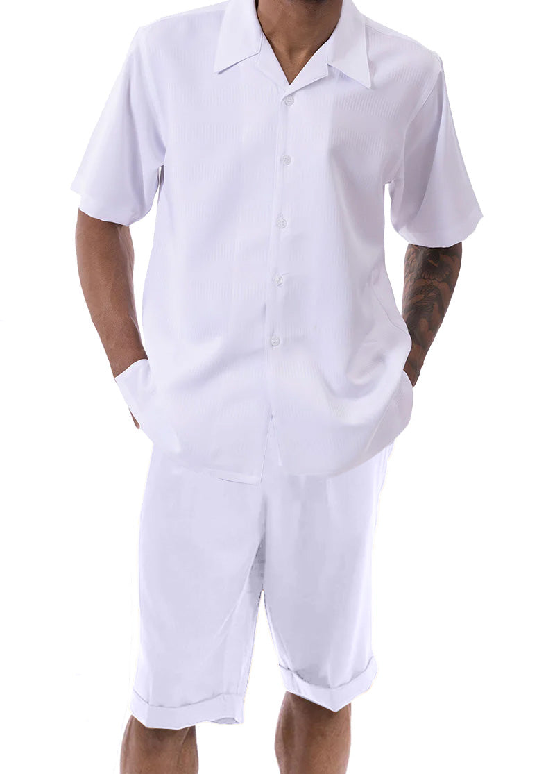 White Walking Suit Tone on Tone Vertical Stripes 2 Piece Short Sleeve Set with Shorts