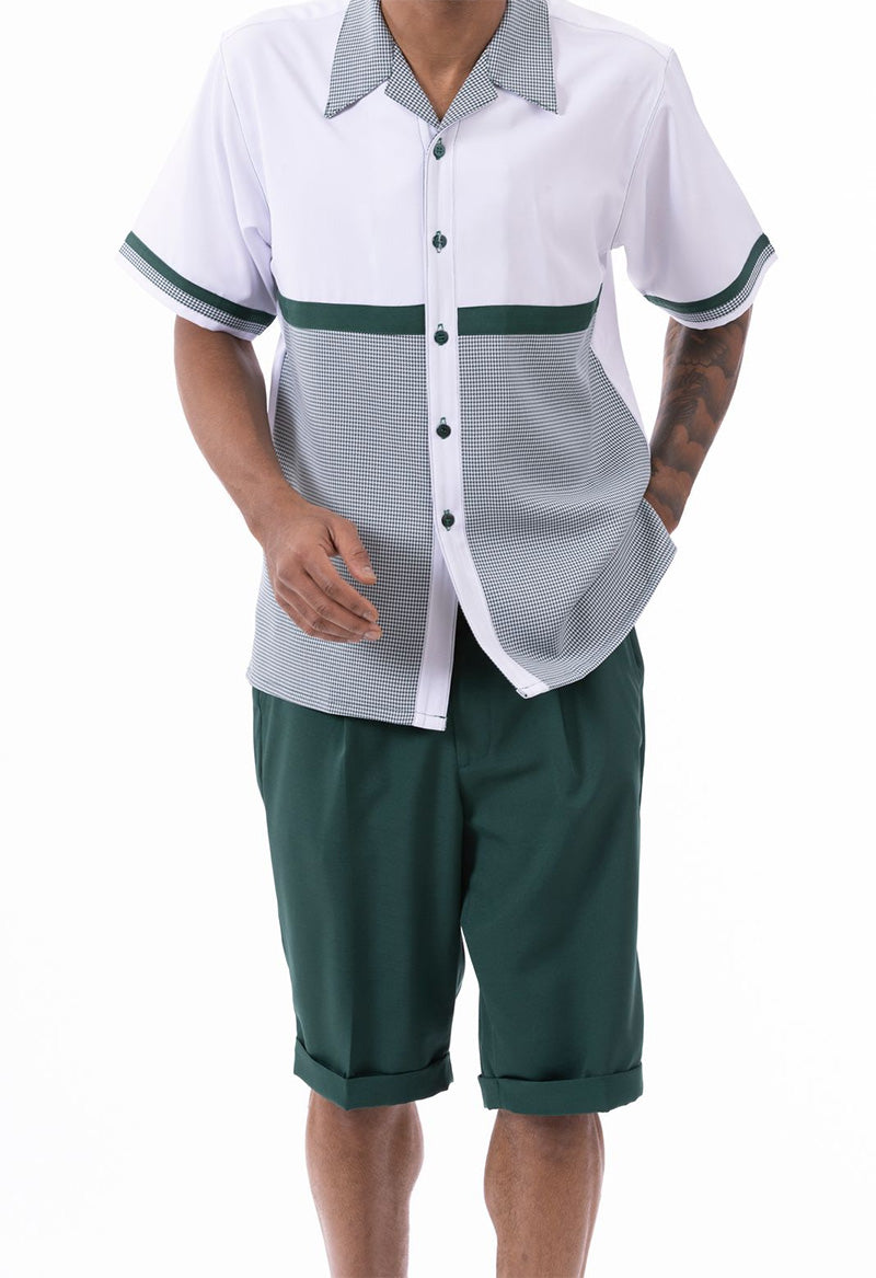 Emerald Green Houndstooth Color Block Walking Suit 2 Piece Short Sleeve Set with Shorts