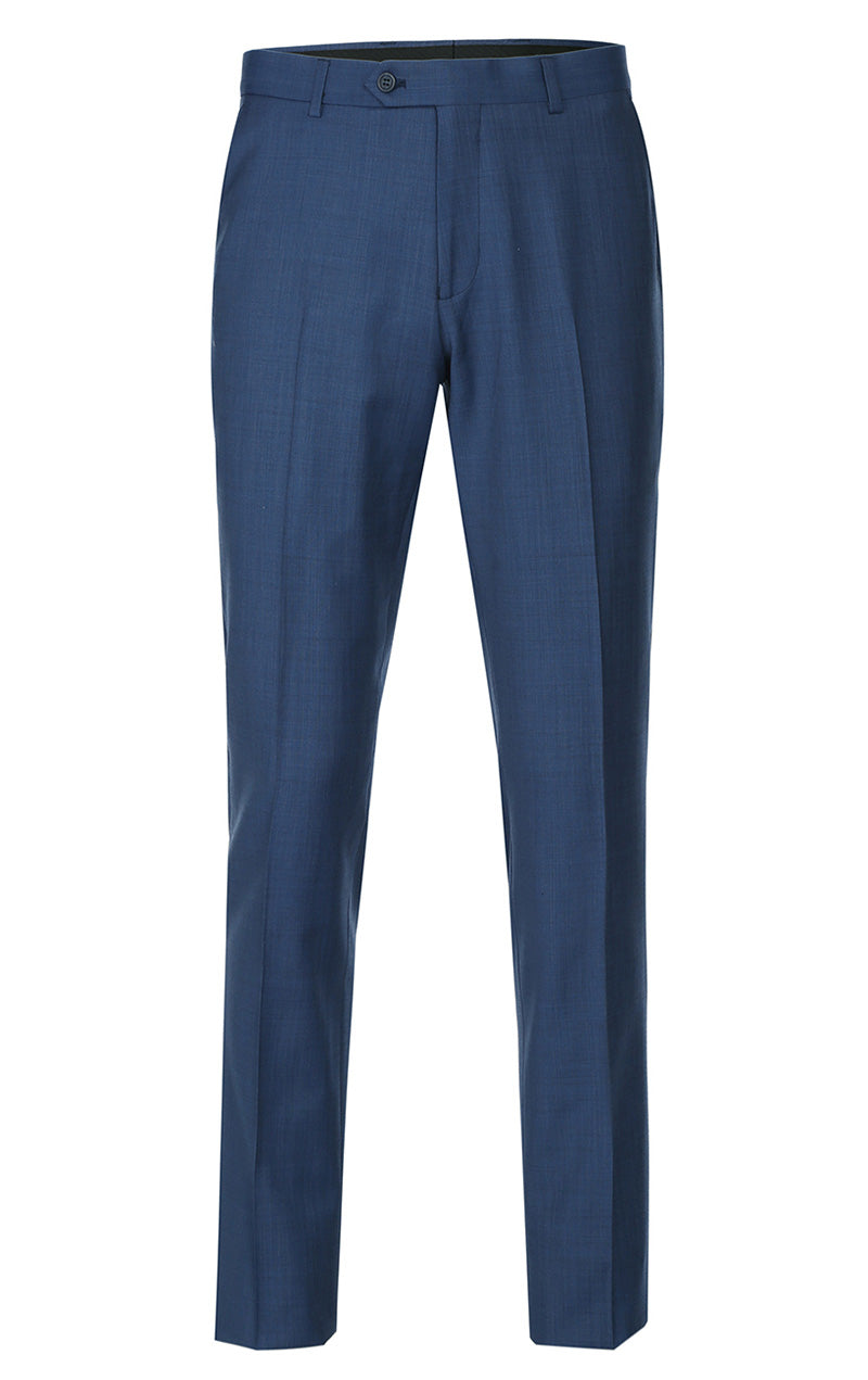 Renoir Wool Single Breasted Dress Suit Slim Fit 2 Piece 2 Button blue solid trousers, pocket detail, white background.