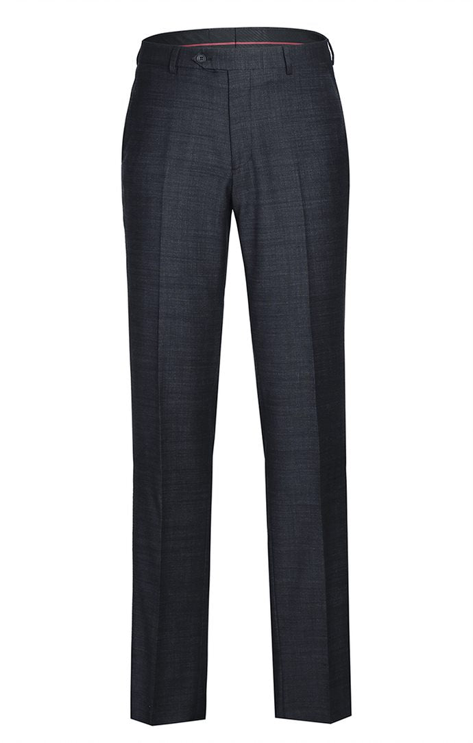 Solid Wool Blend Slim Fit Suit 2 Piece Suit 2 Button in Charcoal trousers with pocket detail on a white background.