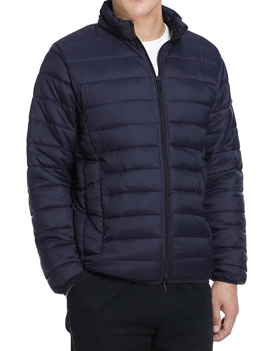 Close-up of the solid collar on the Renoir Men's Quilted Puffer Jacket in Navy overcoat.
