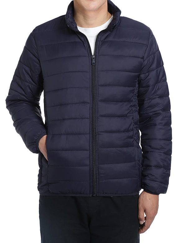 Close-up of the solid collar on the Renoir Men's Quilted Puffer Jacket in Navy.