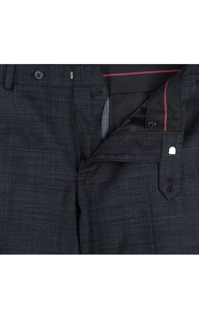 Close-up of the solid pocket on the Renoir Wool Blend Slim Fit Suit 2 Piece Suit 2 Button in Charcoal.