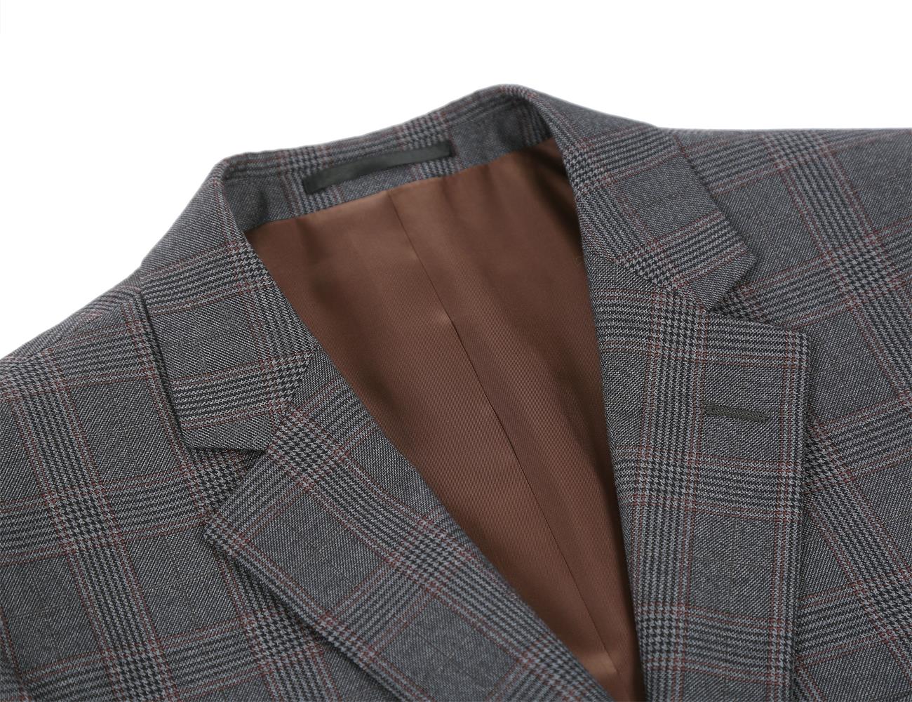 Gray Glen Plaid checkered Trevi Collection 2 Piece Suit regular fit jacket with lapels, 2 buttons.