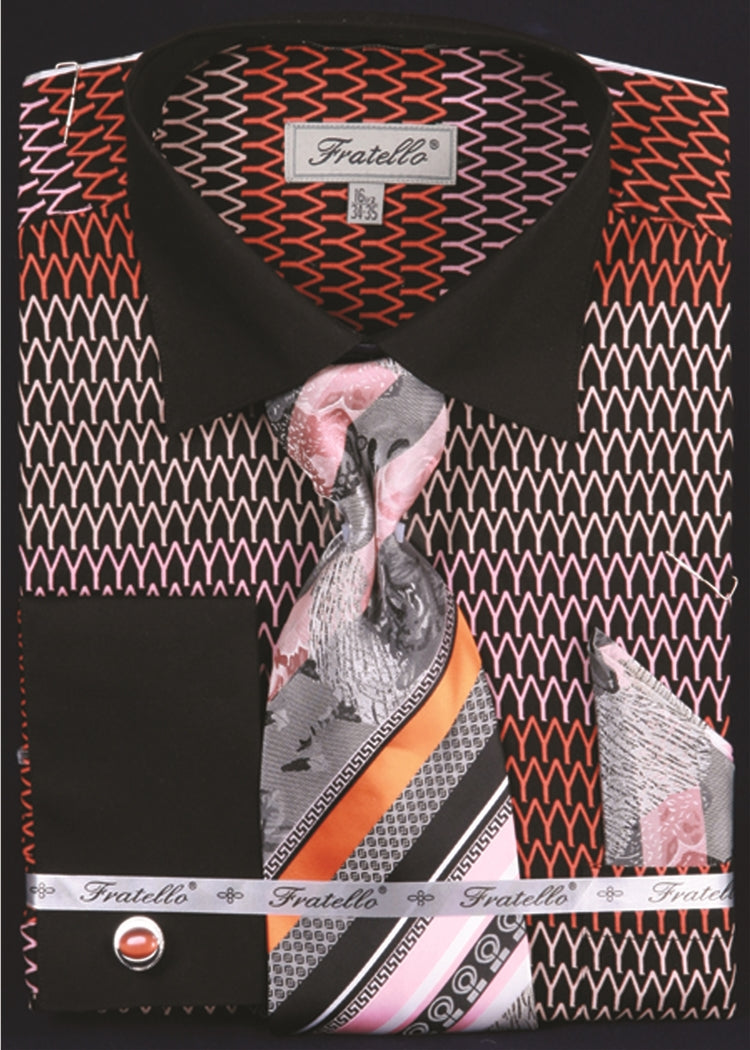 French Cuff Printed Tone on Tone Shirt in Black/Orange with Tie, Cuff Links, and Handkerchief
