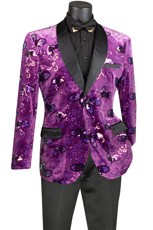 (2XL) Purple Slim Fit Velvet Sequin Floral Pattern Jacket | Suits