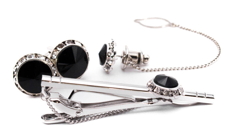 Black and Silver Crystal Men's Accessory Box 4 Piece Collection Set