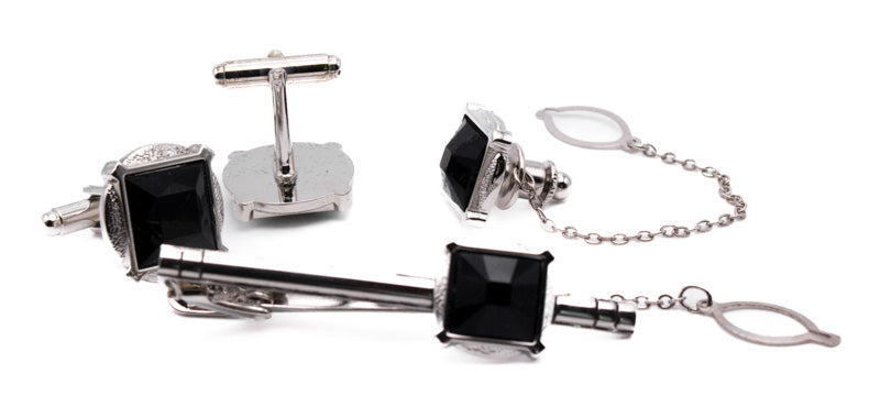 Black Square Crystal Men's Accessory Box 4 Piece Collection Set