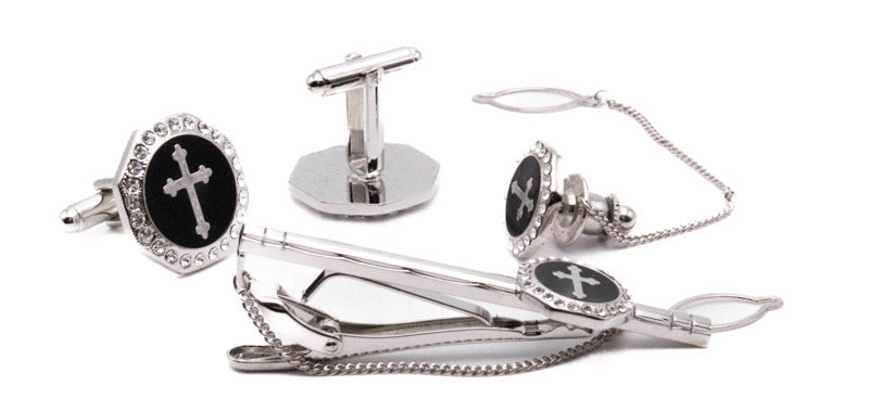 Silver Cross on Black Men's Accessory Box 4 Piece Collection Set