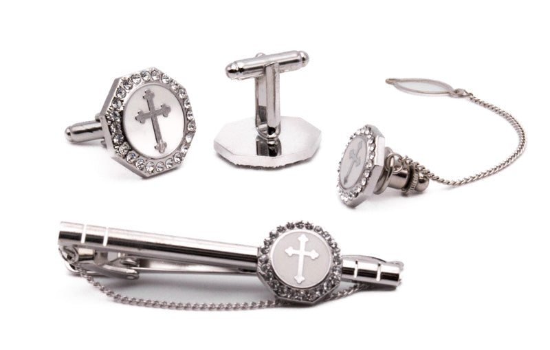 Silver Cross on White Men's Accessory Box 4 Piece Collection Set