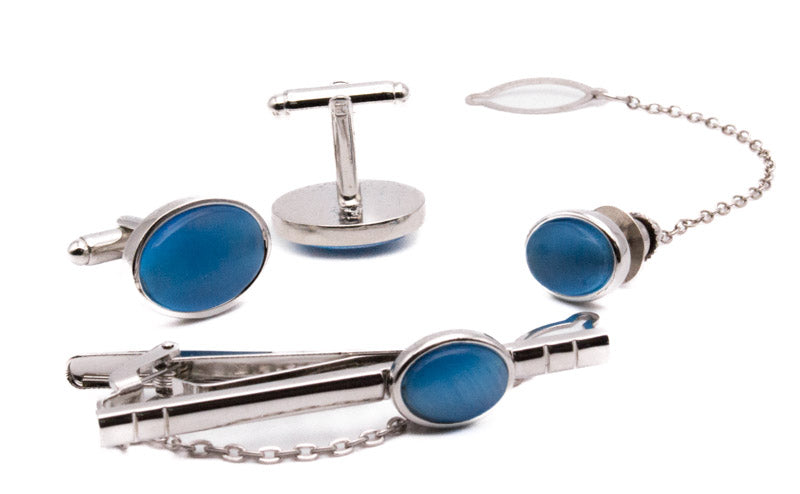 Blue Sliver Oval Men's Accessory Box 4 Piece Collection Set