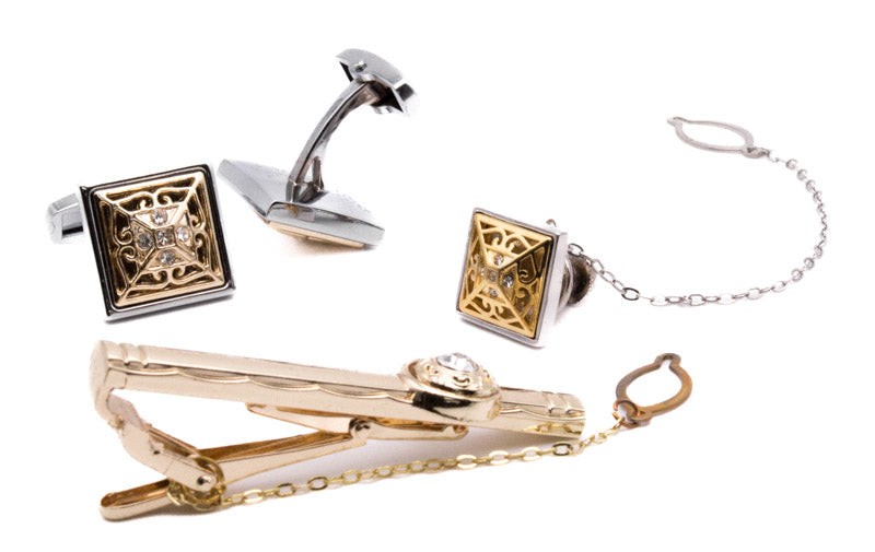 Silver and Gold Pattern Men's Accessory Box 4 Piece Collection Set
