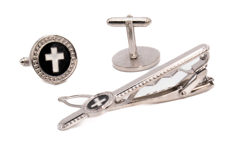 White Cross on Black Round Men's Accessory Box 3 Piece Collection Set