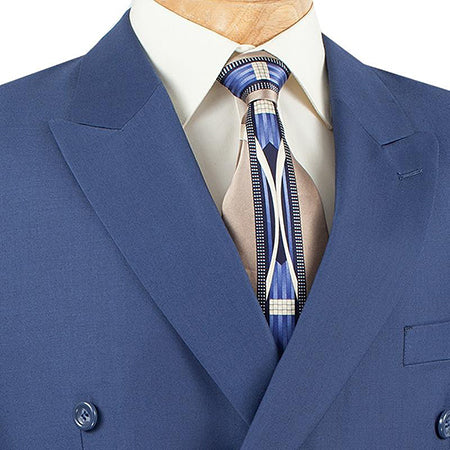 Solid blue Vinci Double Breasted Regular Fit 2 Piece Suit jacket, presented with a tie.