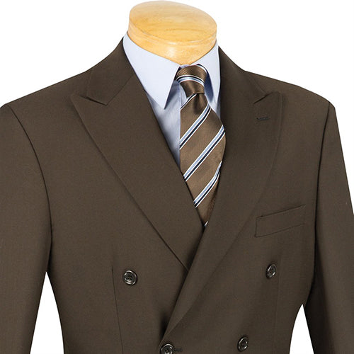 Vinci solid brown Double Breasted Suit 2 Piece Regular Fit jacket showing collar, double row buttons, pockets, and a tie.