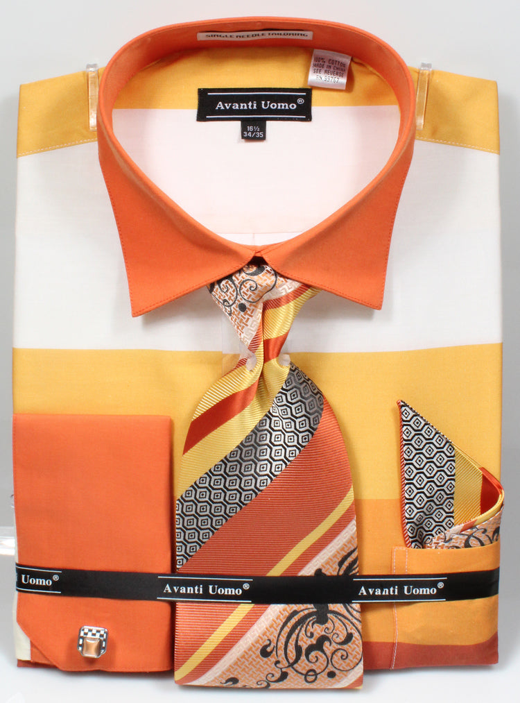 French Cuff Shirt in Yellow with Tie, Cuff Links, and Handkerchief
