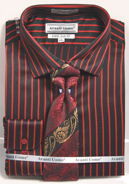 strapless open back dress Men's Button Cuff Slim Fit Stripe Shirt in Black/Red and Tie Set L / Black/Red