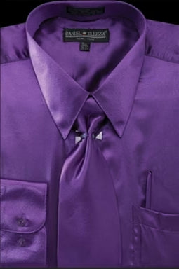 Satin Dress Shirt Regular Fit in Purple With Tie And Pocket Square