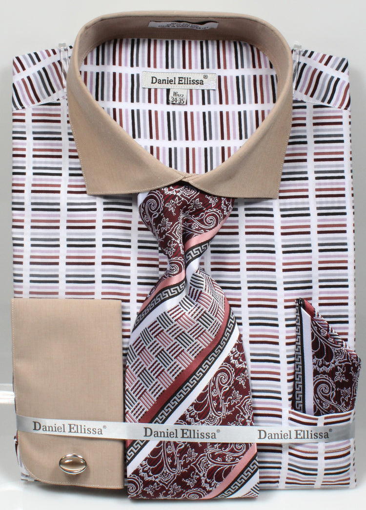 French Cuff Cotton Shirt in Beige with Tie, Cuff Links, and Handkerchief