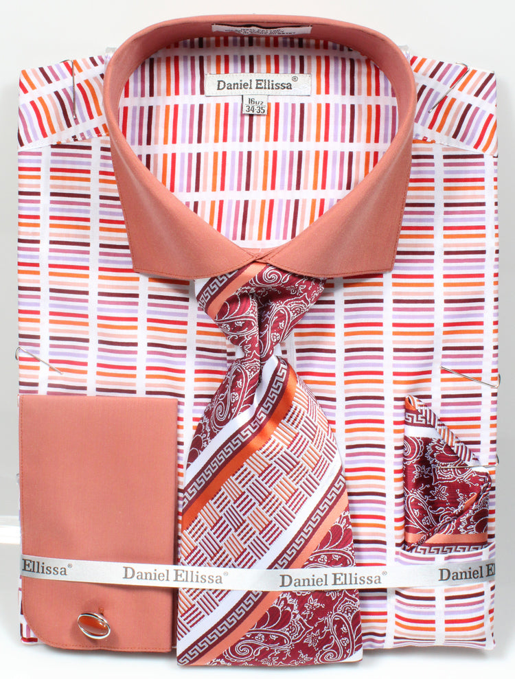 French Cuff Cotton Shirt in Rust with Tie, Cuff Links and Handkerchief