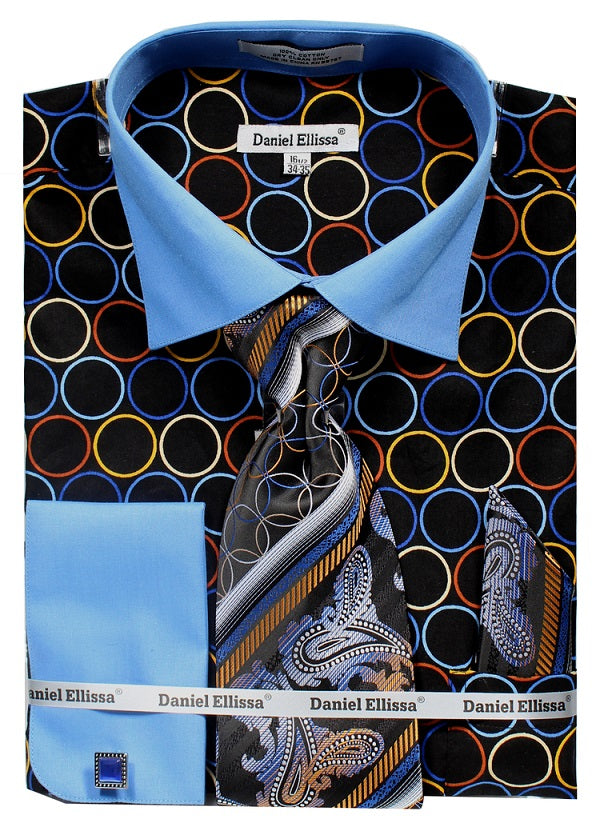 French Cuff Circle Printed Cotton Shirt in Black/Blue with Tie, Cuff Links and Handkerchief
