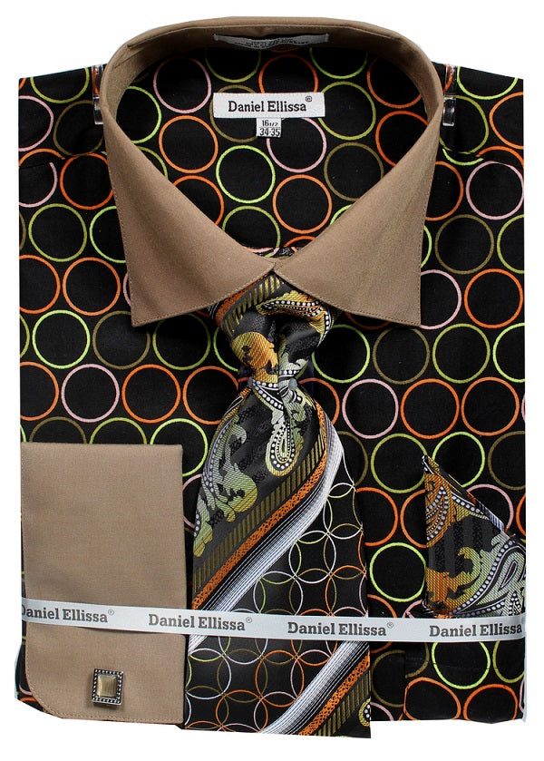 French Cuff Printed Cotton Shirt in Black/Taupe with Tie, Cuff Links and Handkerchief