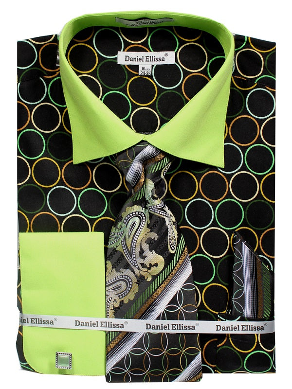 French Cuff Circle Printed Cotton Shirt in Black/Green with Tie, Cuff Links and Handkerchief