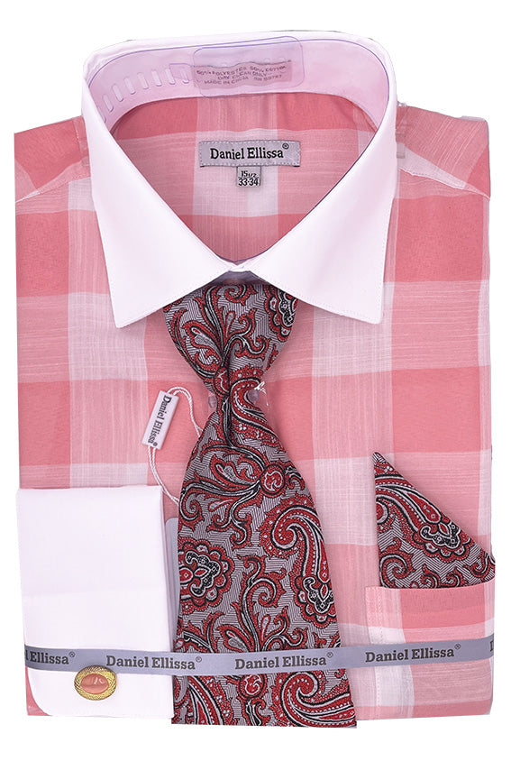 Men's Coral Tone On Tone Check Printed French Cuff Dress Shirt Set with Tie and Pocket Square 17 34/35 / Coral Men's Coral Tone On Tone Check Printed French Cuff Dress Shirt Set with Tie and Pocket Square 17 34/35 / Coral