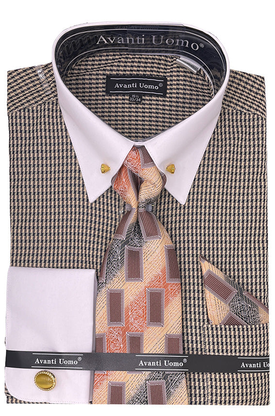 Beige Houndstooth Dress Shirt Set with Cuff