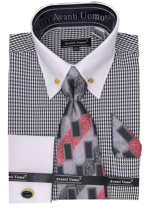 Black Houndstooth Dress Shirt Set with Cuff