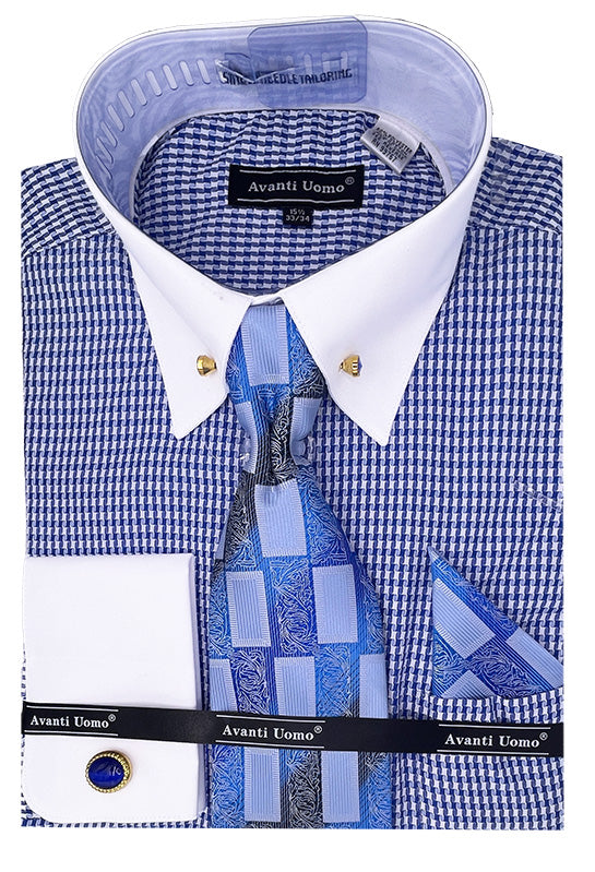 Blue Houndstooth Dress Shirt Set with Cuff