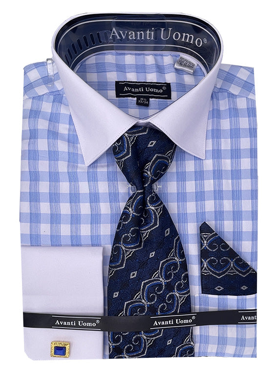 Light Blue Check Dress Shirt Set with Cuff