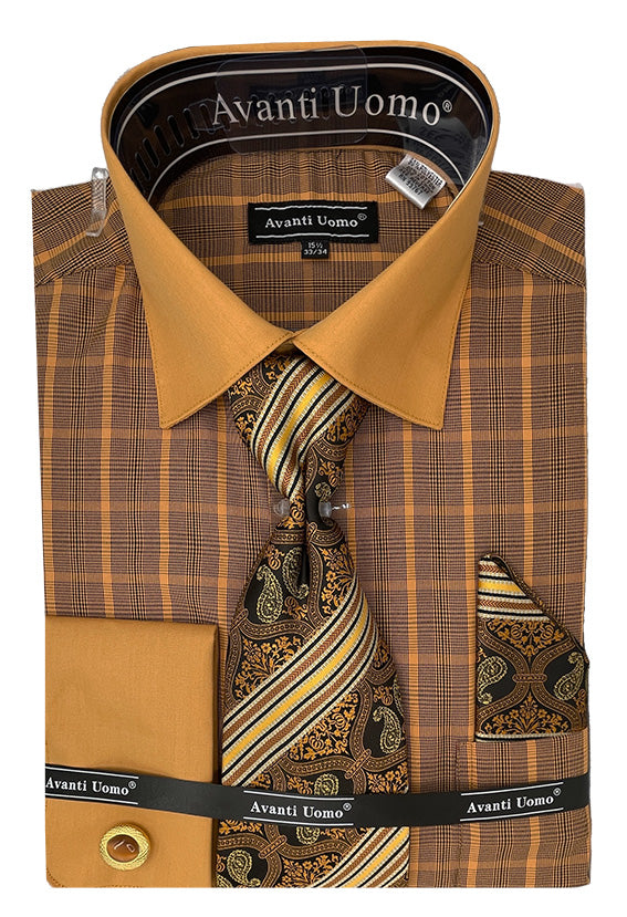 Rust Tone on Tone Check Pattern Dress Shirt Set with Cuff