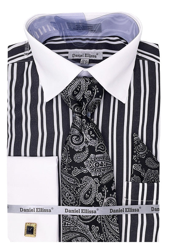 Black Striped Dress Shirt Set with Tie and Handkerchief