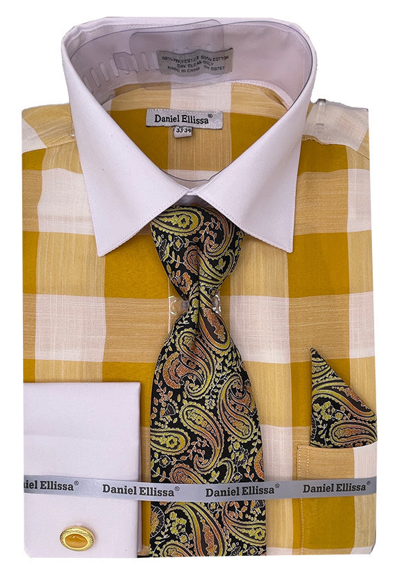 mustard yellow dress shirt mens Men's Gold~Yellow~Mustard Yellow Cotton Blend Convertible Cuffs Dress Shirt Mustard Gold Size Small 14.5" Neck/32 33" Sleeve