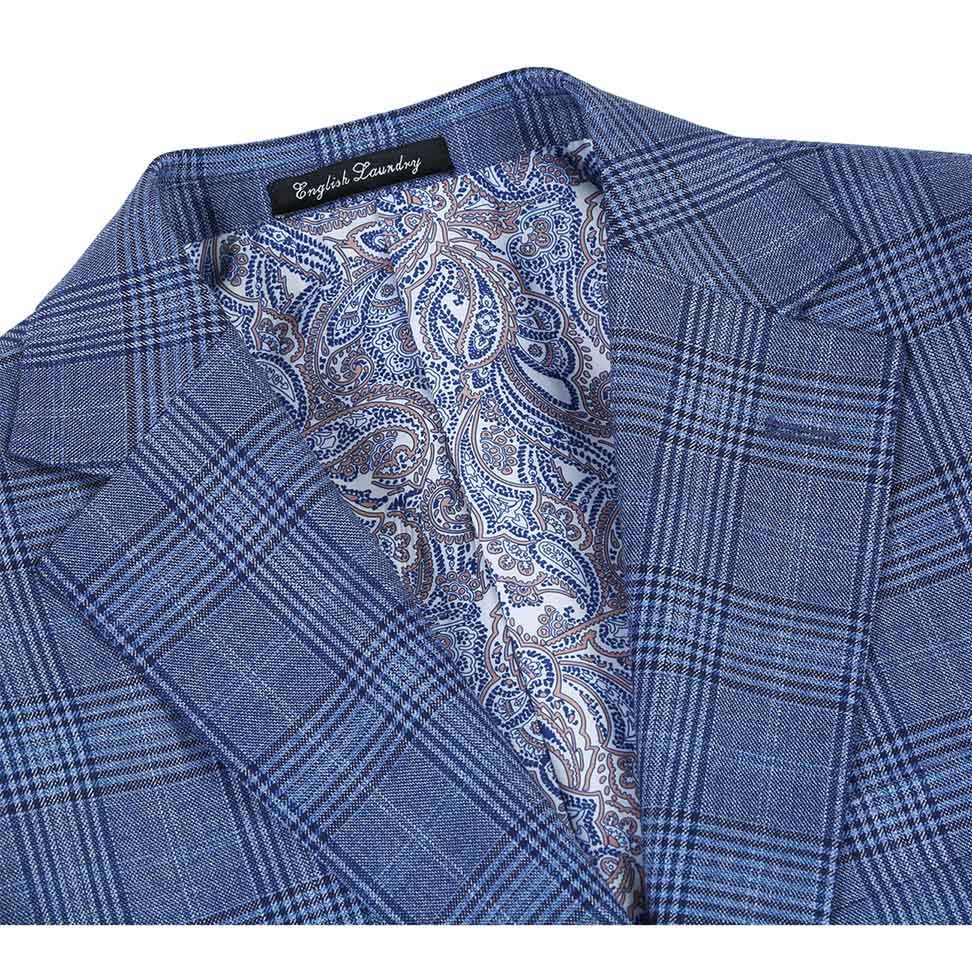 Close-up of the pale denim glen check patterned collar on the English Laundry 2-Piece Slim Fit Wool Blend suit jacket.
