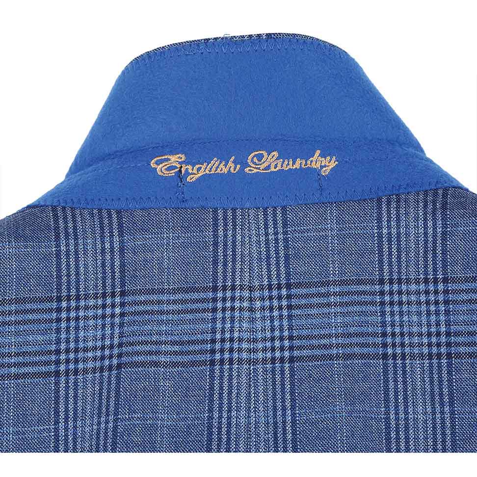 English Laundry Pale Denim Glen Check Slim Fit Wool Blend suit jacket collar close-up, with buttons, pocket, and hat.