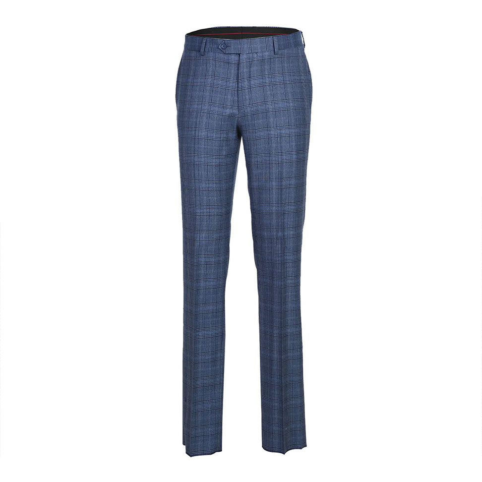 English Laundry 2-Piece Pale Denim Glen Check Slim Fit Suit Wool Blend trousers, showing Glen Check pattern and pocket.