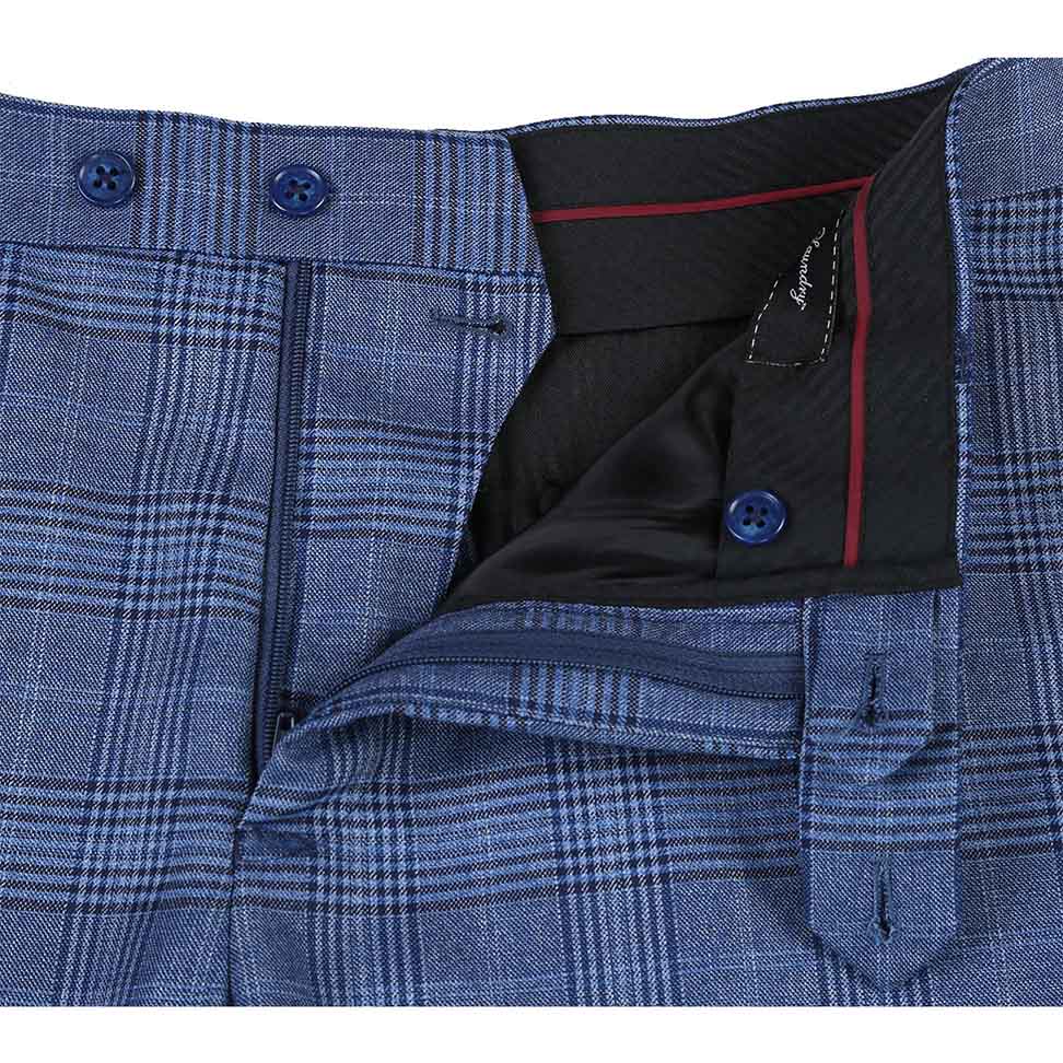 Close-up of a checkered pocket on the English Laundry 2-Piece Pale Denim Glen Check Slim Fit Suit Wool Blend.