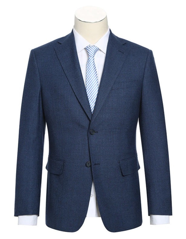 English Laundry Blue Checked Slim Fit Suit Wool Blend jacket displaying a checkered pattern, collar, and accompanying tie.