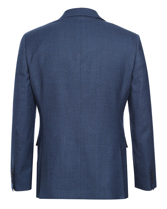 Detailed close-up view of a blue checkered pocket on the English Laundry Blue Checked Slim Fit Suit Wool Blend jacket.