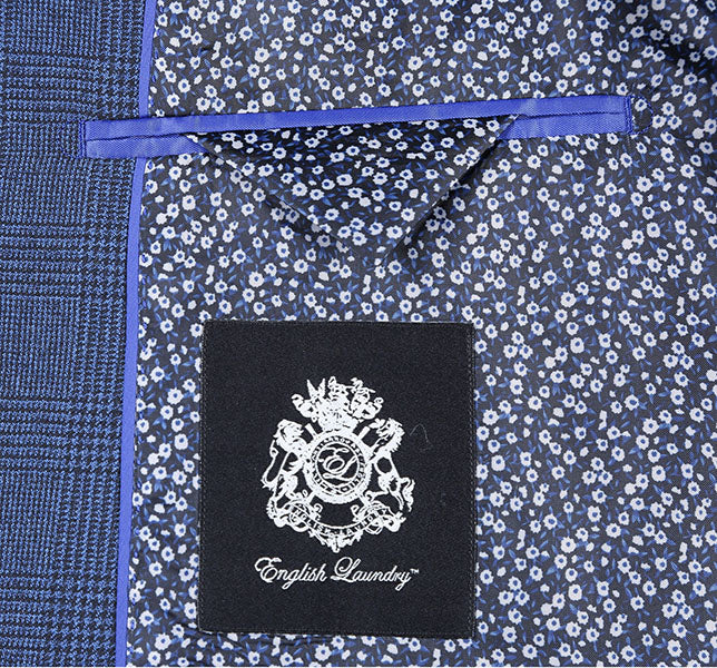 Close-up of the blue checkered English Laundry Slim Fit Suit wool blend button and collar detail.