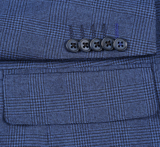 English Laundry Blue Checked Slim Fit Suit Wool Blend jacket, showing collar, buttons, and a pocket on the checkered fabric.